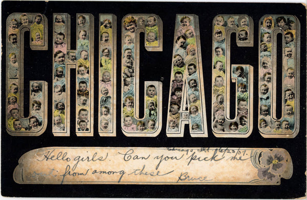 Chicago Illinois Large Letter Baby Heads Vintage Real Photo Postcard 1907