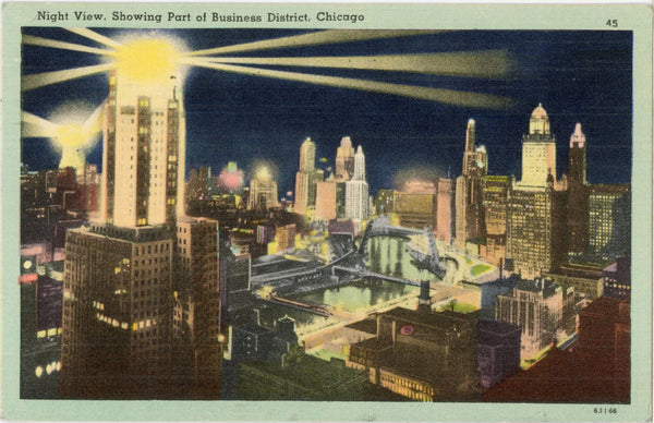 Chicago Illinois Business District at Night Vintage Postcard 1963