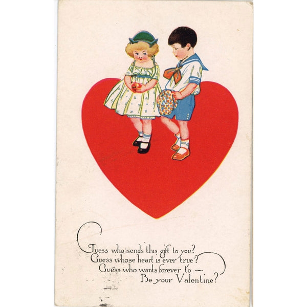 Vintage Valentine Postcard – Children on Red Heart 1921 - Vintage Postcard Boutique