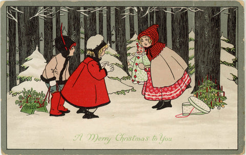 Antique Christmas Gold Metal Art Postcard Children Toys Snow Scene c1910s