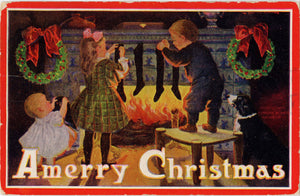 A Merry Christmas Embossed Children Hanging Stockings Vintage Postcard 1912 - Vintage Postcard Boutique