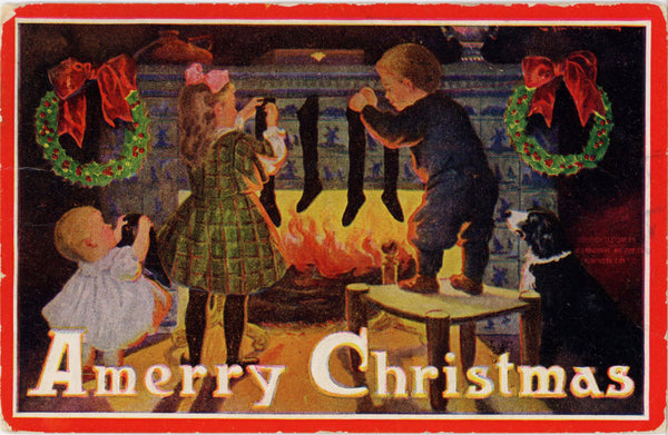 A Merry Christmas Embossed Children Hanging Stockings Vintage Postcard 1912 - Vintage Postcard Boutique
