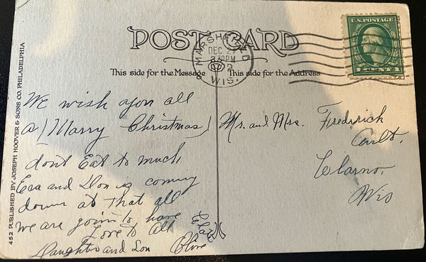 Vintage Christmas Cheer Postcard Hoover & Sons 1922