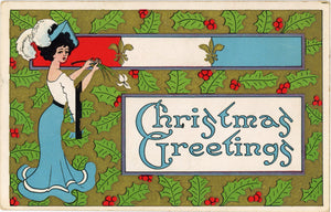Vintage Christmas Gold Embossed Holly Postcard Art  Nouveau Design 1910 - Vintage Postcard Boutique