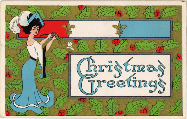 Vintage Christmas Gold Embossed Holly Postcard Art  Nouveau Design 1910