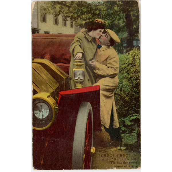 Chug Chug Motor's Hiss Romantic Couple Kissing Vintage Postcard 1911