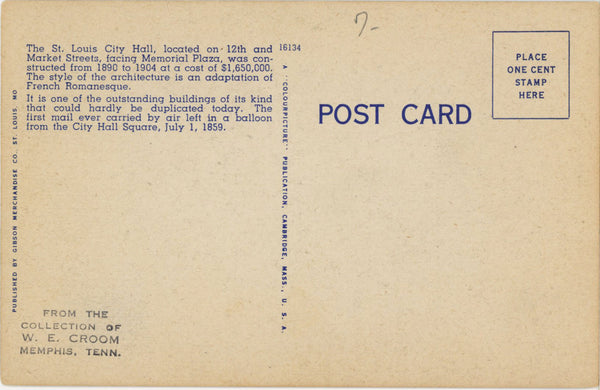St. Louis City Hall Missouri Vintage Postcard (unposted)