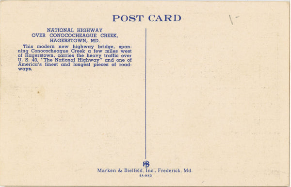 Hagerstown Maryland National Hwy Conococheague Creek Vintage Postcard (unused)