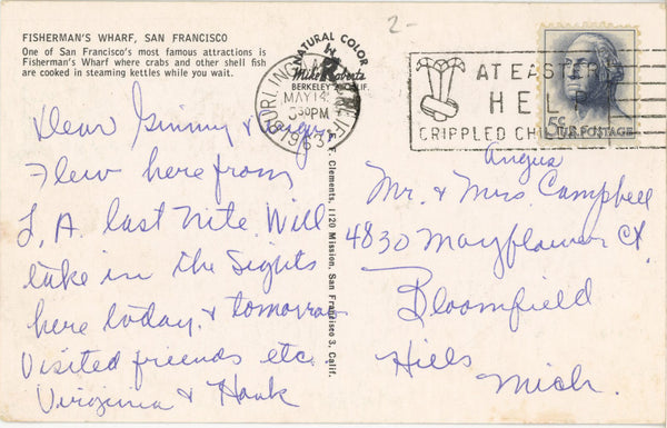 San Francisco Crab Stand Fisherman's Wharf California Vintage Postcard 1963