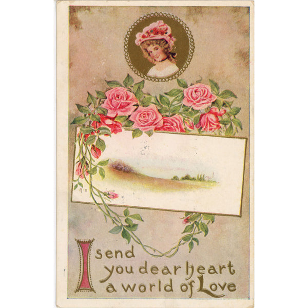 Vintage Pretty Lady & Roses Valentine Postcard c 1907