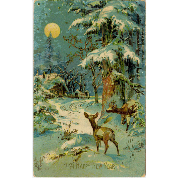 Happy New Year Deer Buck Winter Snow Scene Embossed Vintage Postcard c 1907