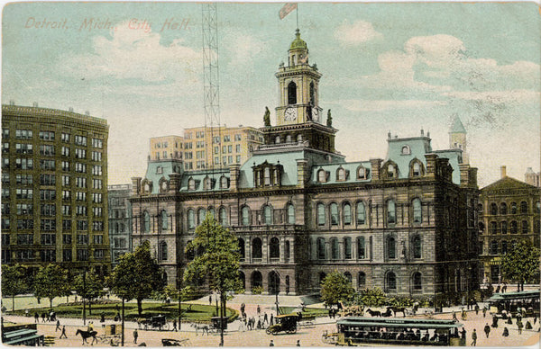 City Hall Street Scene Trolleys Detroit Michigan Vintage Postcard c. 1910s