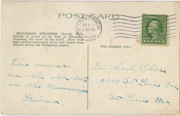Detroit Michigan River Front Excursion Steamers Vintage Postcard 1921