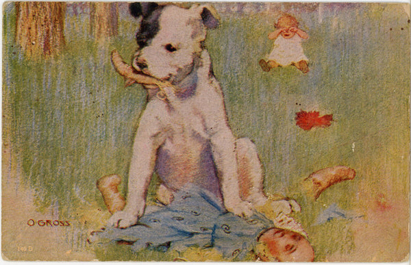Terrier Puppy Chewing Crying Child's Doll Vintage Dog Postcard by O. GROSS 1909