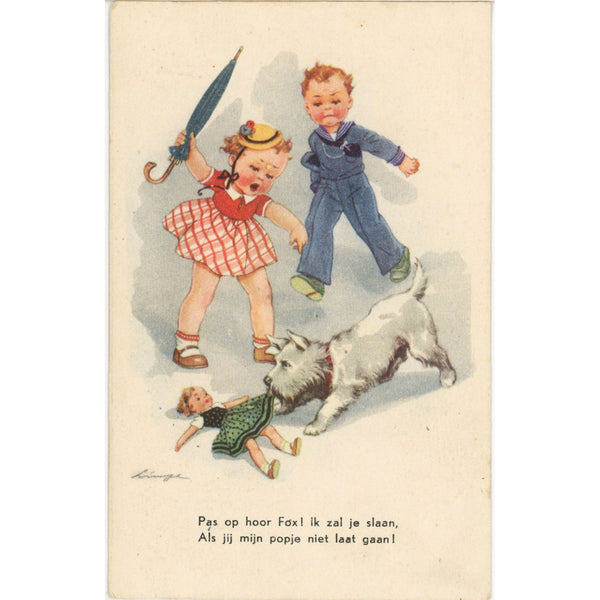 Dutch Artist LINGE Children & White Dog Vintage Dog Postcard 1939