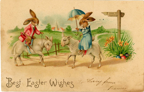 Dressed Easter Bunnies Rabbit Riding Sheep Vintage Postcard Embossed 1907