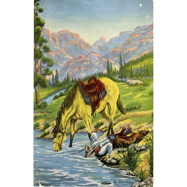 A Drink of Water – Western L. H. Dude Larsen Vintage Postcard 1939 (unused)