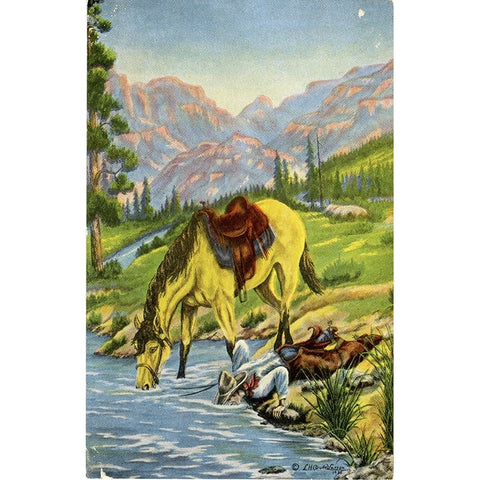 A Drink of Water – Western L. H. Dude Larsen Vintage Postcard 1939 (unused)