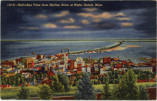 Duluth Minnesota Aerial from Skyline Drive at Night Vintage Postcard (unposted)