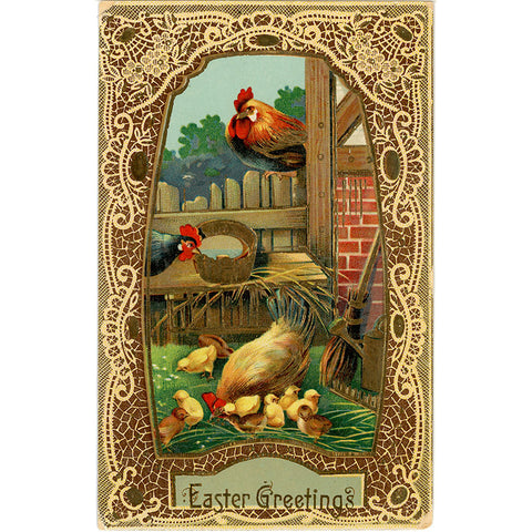 Easter Chicks & Roosters Vintage Postcard Gold Embossed 1913