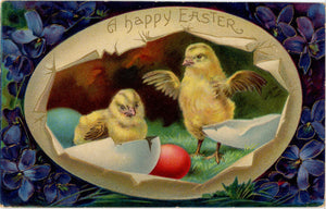 Vintage Embossed Floral Easter Postcard Two Chicks in Giant Egg 1910s - Vintage Postcard Boutique