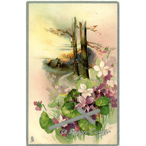 Happy Easter Silver Cross Cottage & Flowers Vintage Postcard TUCKS 1910