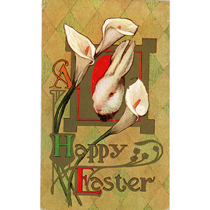 Happy Easter Bunny and Lilies Gold Vintage Postcard 1910s