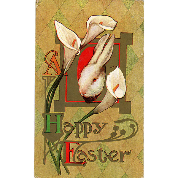 Happy Easter Bunny and Lilies Gold Vintage Postcard 1910s