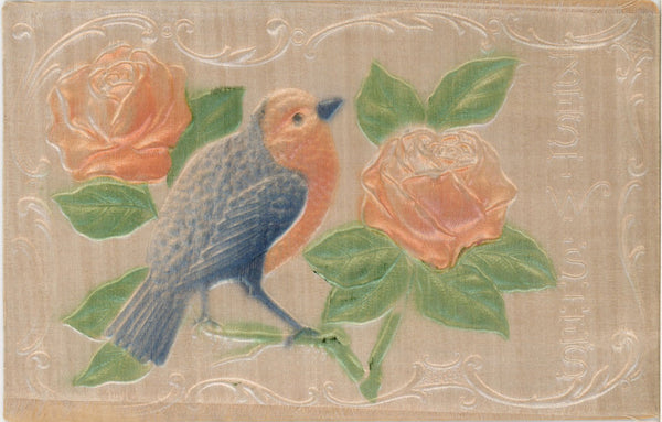 Bluebird & Roses Fabric Embossed Airbrushed Antique  Postcard c1910