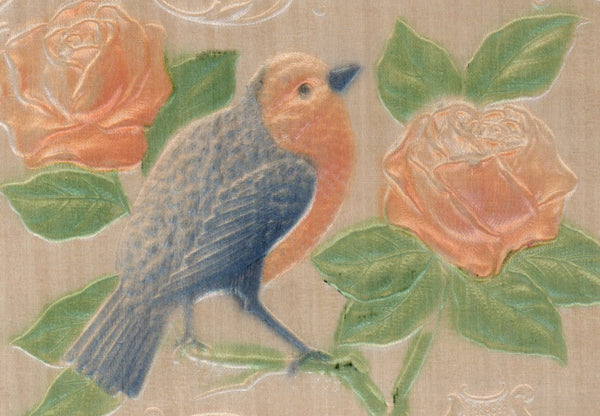 Bluebird & Roses Fabric Embossed Airbrushed Antique  Postcard c1910