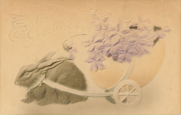 Embossed Vintage Easter Postcard Rabbit Pulling Egg & Flowers 1909