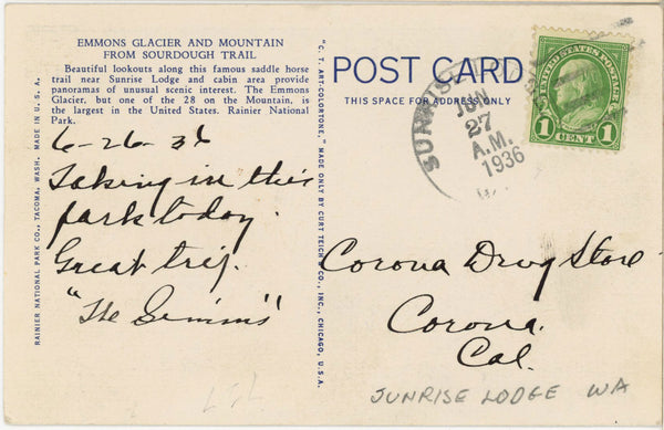 Emmons Glacier from Sourdough Trail Rainier National Park Washington Vintage Postcard 1936