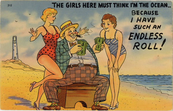 Ladies in Swimsuits on Beach Vintage Comic Postcard (unused)