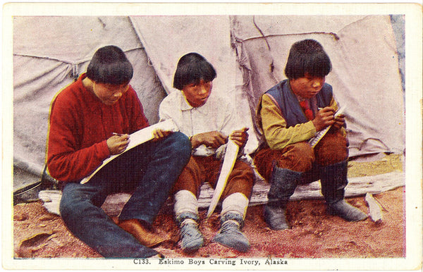 Eskimo Boys Carving Ivory Alaska Native American Vintage Postcard - Vintage Postcard Boutique