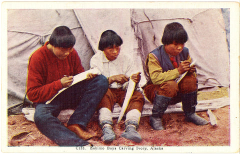 Eskimo Boys Carving Ivory Alaska Native American Vintage Postcard