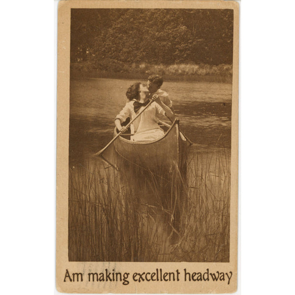 Romantic Couple Kissing in Canoe Vintage Postcard 1912