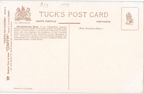 Famous Old Gardens Hinchingbrooke Vintage Tuck's Oilette Botanical Postcard 1910s (unused) - Vintage Postcard Boutique