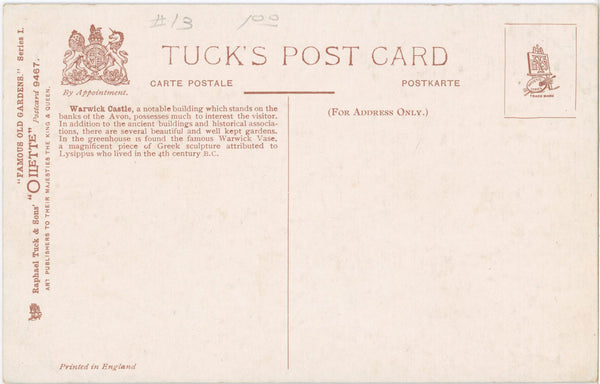 Famous Old Gardens Warwick Castle Vintage Tuck's Oilette Botanical Postcard 1910s (unused) - Vintage Postcard Boutique