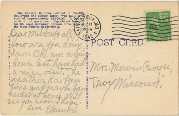 St. Louis Missouri Federal Building Vintage Postcard 1945
