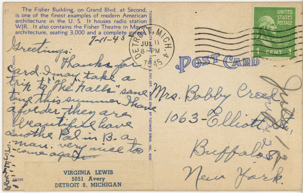 Fisher Building at Night Detroit Michigan Vintage Postcard 1945