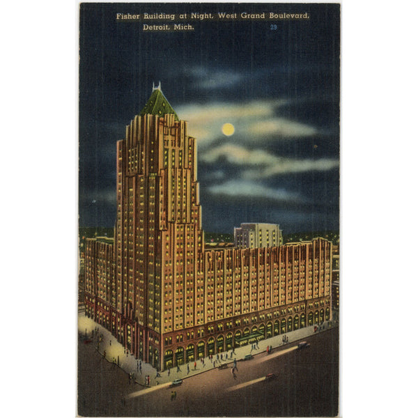 Fisher Building at Night Detroit Michigan Vintage Postcard 1945