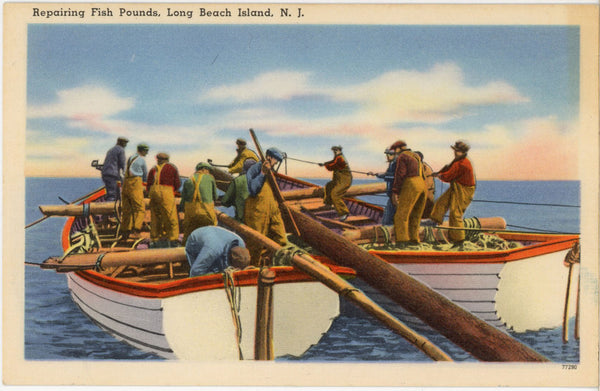 Repairing Fish Pounds Long Beach Island New Jersey Fishing Boats Vintage Postcard (unposted)