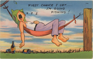 Vintage Comic Fishing Postcard Man Sleeping in Hammock Beer Drinking c 1940s (unused) - Vintage Postcard Boutique
