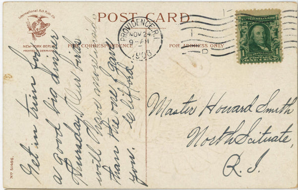 Good Wishes Thanksgiving Day Turkey unsigned Clapsaddle Vintage Embossed Postcard 1908
