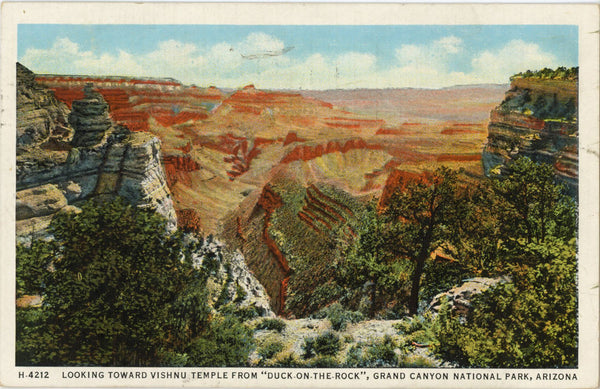 Grand Canyon National Park Arizona Toward Vishnu Temple Vintage Postcard FRED HARVEY 1936
