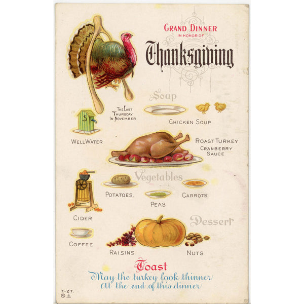 Grand Dinner Menu Thanksgiving Turkey Soup Cranberries Vintage Embossed Postcard c. 1910s