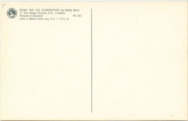Here We Go Gardening Anthropomorphic Squirrels signed MOLLY BRETT Vintage Postcard (unposted)