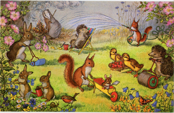 Here We Go Gardening Anthropomorphic Squirrels signed MOLLY BRETT Vintage Postcard (unposted)