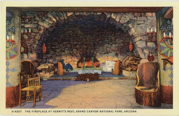 Grand Canyon National Park Hermit's Nest Fireplace Vintage Arizona Postcard 1948 HARVEY