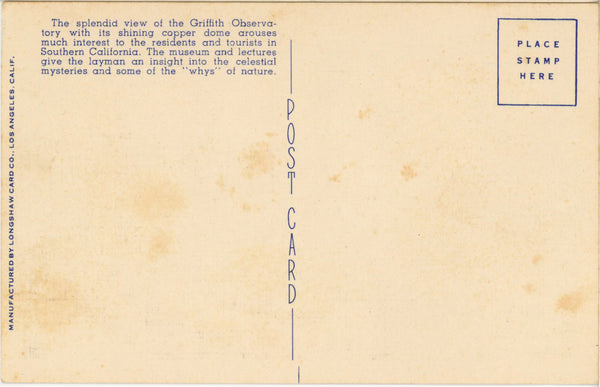 Hollywood California Griffith Park Planetarium Vintage Postcard (unposted)